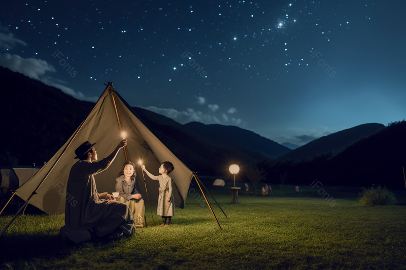 夜晚星空下一家人在公园露营使用天文望远镜看星空摄影图,高清,摄影图,摄影图片,图片大全,摄影图免费下载